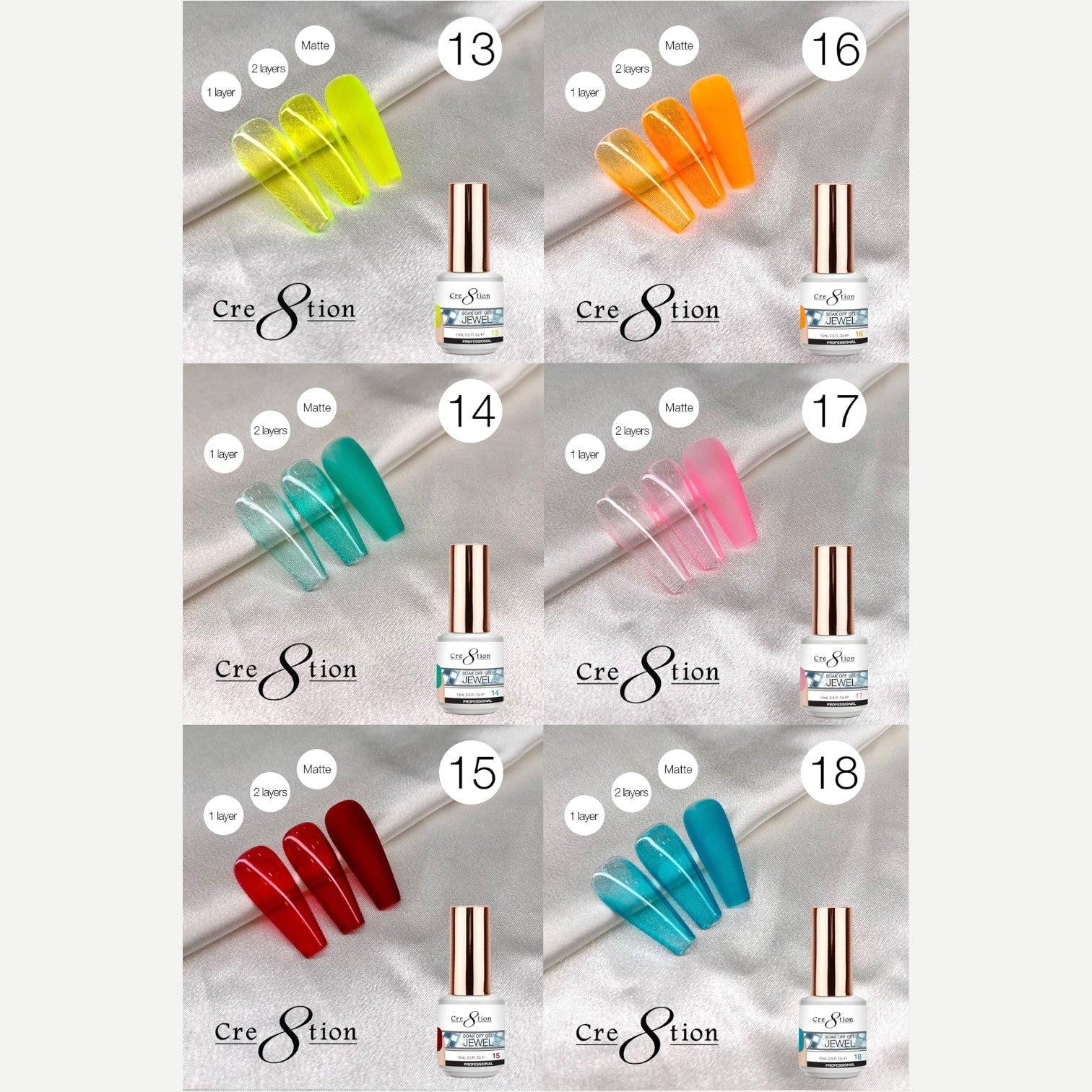 Cre8tion Jewel Collection Gel 0.5oz - Full Set 48 colors w/ 3 Top Diamond 0.5oz & 1 Color Book