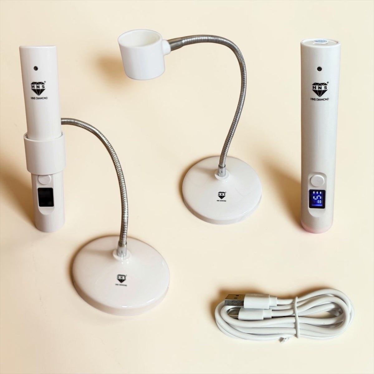 My Store HNS DIAMOND portable white LED curing lamps with flexible goosenecks, digital displays, and USB charging cable.