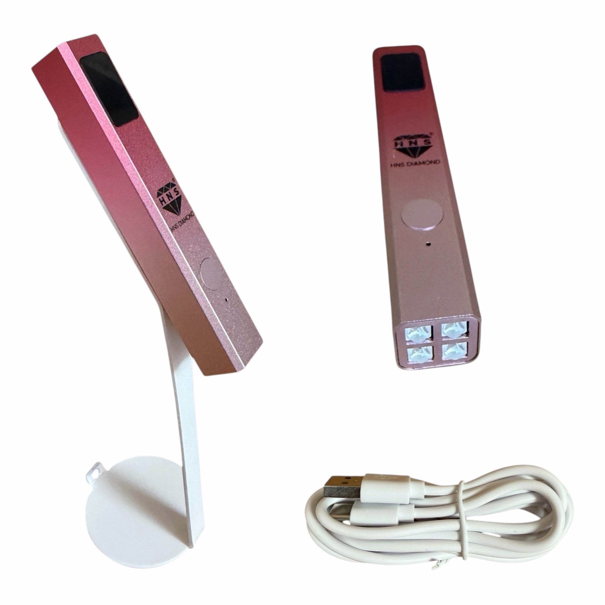 My Store HNS Diamond portable metallic pink UV nail curing lamp with white stand and USB charging cable